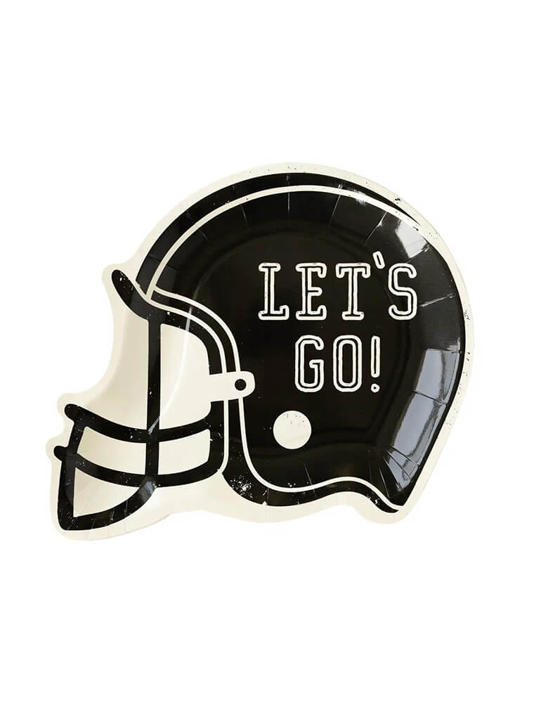 Momo Party's 8.5" x 10" black football helmet shaped plates by My Mind's Eye. Die cut in the shape of a football helmet these party plates will bring team spirit to your next tailgate party or football watch party.