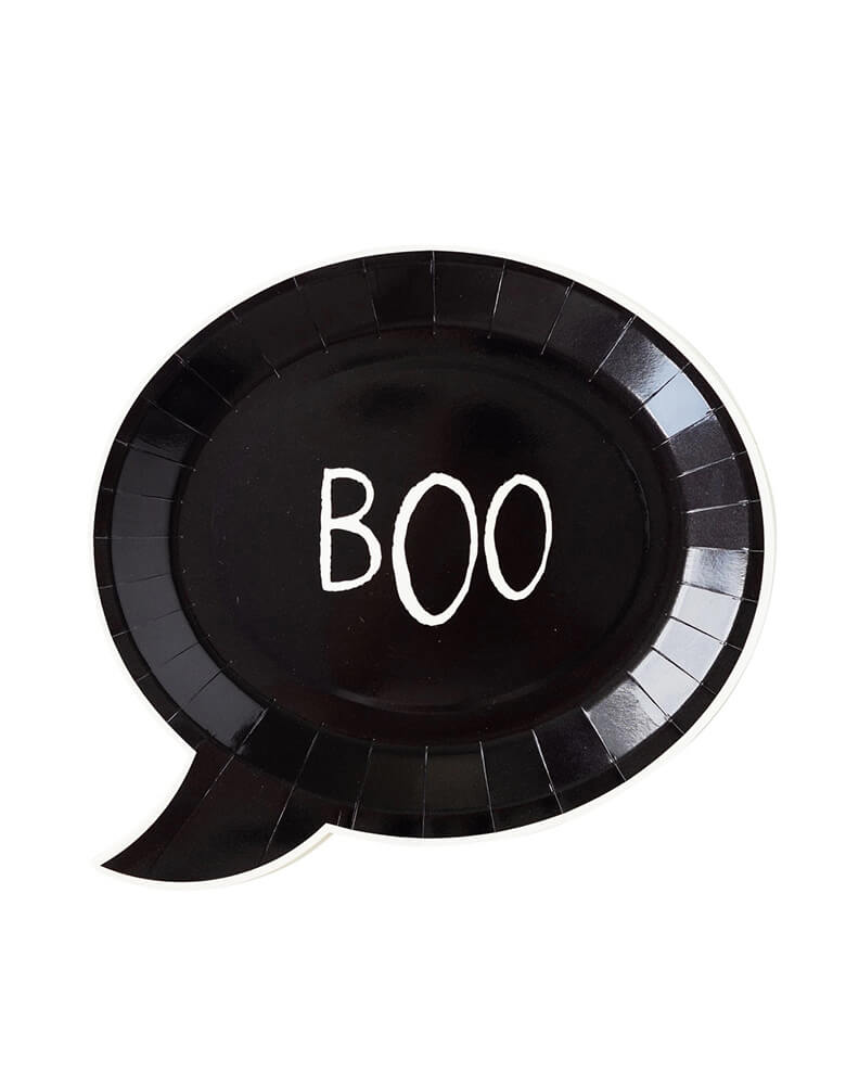 Momo Party's 9"x10" Frank & Mummy Boo! Shaped Paper Plates by My Mind's Eye. Featuring the spook sentiment "boo," these paper plates make a spooky addition to the table at any halloween gathering. And be sure to add extra frightful fun at your gatherings by pairing these boo paper plates with the eek shaped napkins.