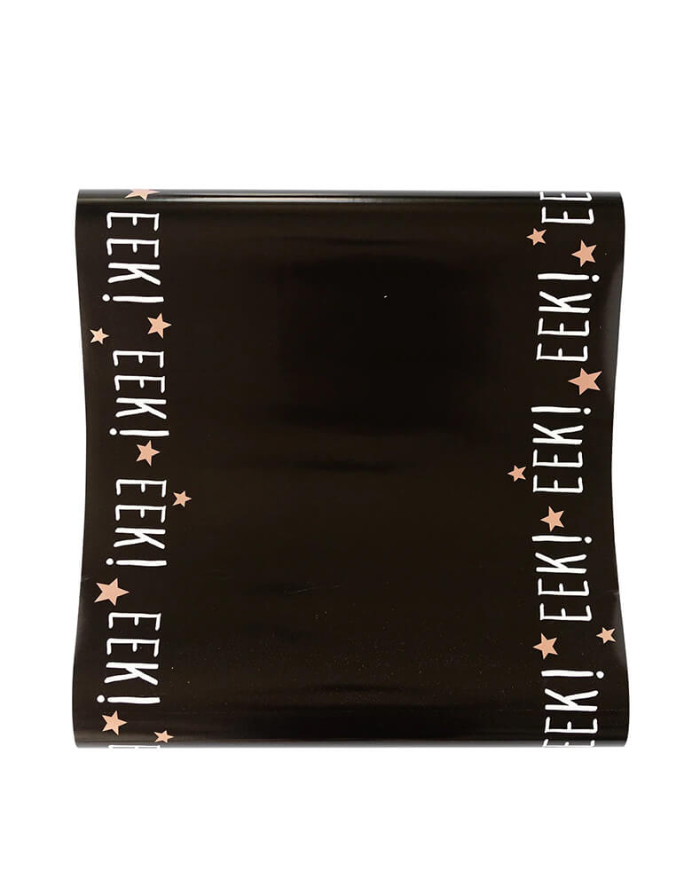  Momo Party's 16" x 10ft Frank & Mummy Eek! Table Runner by My Mind's Eye. Featuring the spooky phrase "Eek!' and copper foil stars this table runner is the perfect addition to the table at your Halloween gatherings.