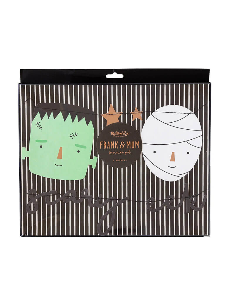 Momo Party's Frank & Mummy Garland Set by My Mind's Eye. Featuring spooky best friends, copper foiled stars, and a stitched word banner, these banners a sure to be a frightful delight at your Halloween parties!