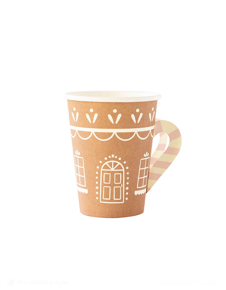 Momo Party's 12 oz Gingerbread House Paper Party Cups With Handle by My Mind's Eye. Comes with a set of 8 cups, Featuring a candy cane handle, this paper party cups are sure to add merriment to a gingerbread themed Christmas party!