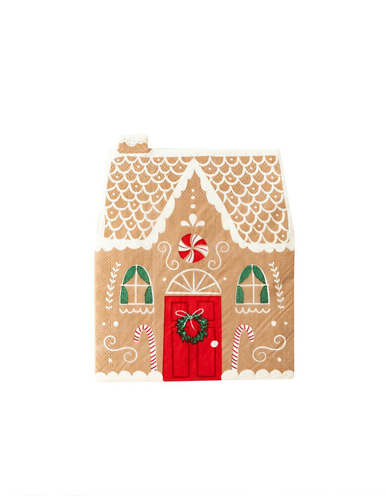 Momo Party's 5 x 6.5 inches gingerbread house dinner napkins by My Mind's Eye. Comes in a set of 24 napkins, these gingerbread shaped dinner napkins are perfect for your Holiday gathering, or a festive Holiday baking party with kids.