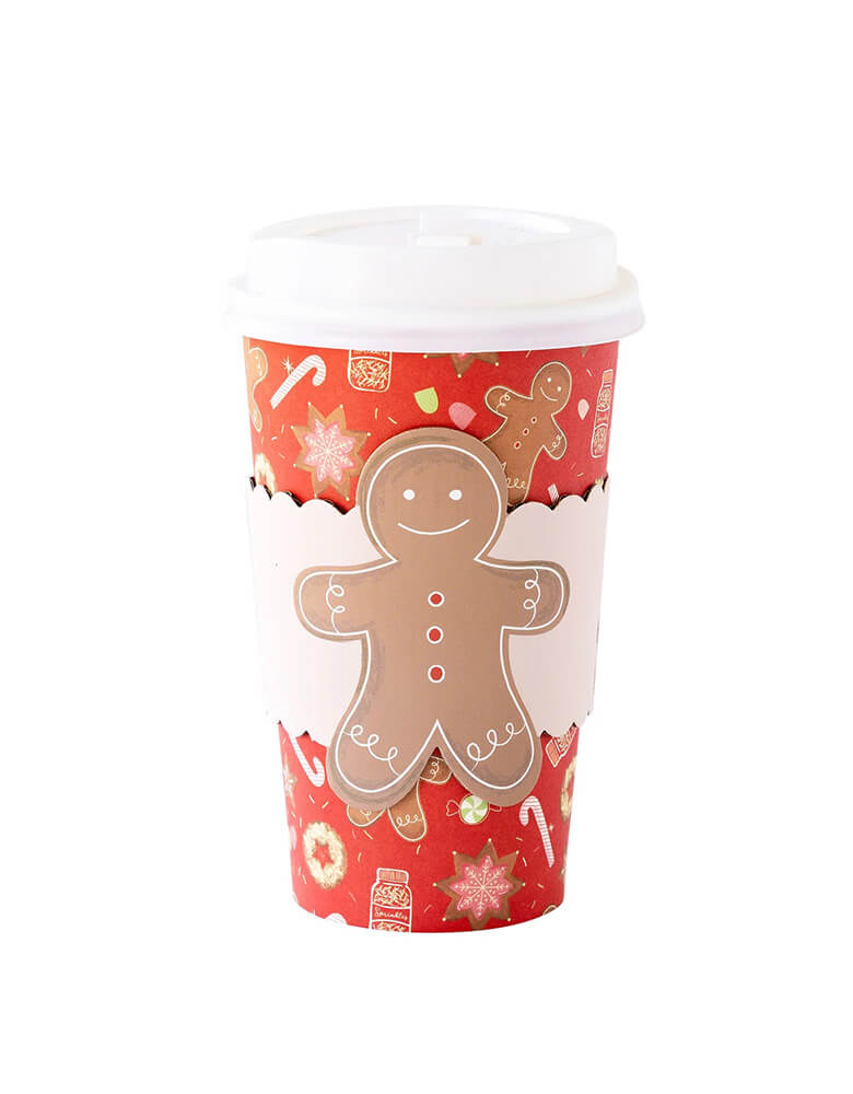 Momo Party's 16 oz Gingerbread Man To-Go Cups by My Mind's Eye. Comes in a set of 8 cups, these festive red to-go cups featuring an adorable pattern of gingerbread man, candy cane, gingerbread cookies, sprinkles with a pink sleeve, they're prefect for kid's Holiday baking party, gingerbread house building, cookie decorating parties this Holiday season.