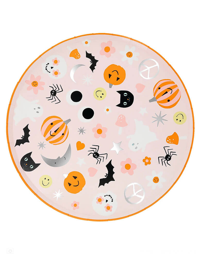 Momo Party's 10.5" Groovy Halloween Icons Dinner Plates by Meri Meri. Featuring iconic Halloween characters including pumpkins, black cats, bats, ghosts, spiders and skeletons, these plates also include love and peace sign, daisy flowers and mushrooms for a groovy vibe. The color combinations of pink, orange, black, silver and white, will make your Halloween party look groovy this year!