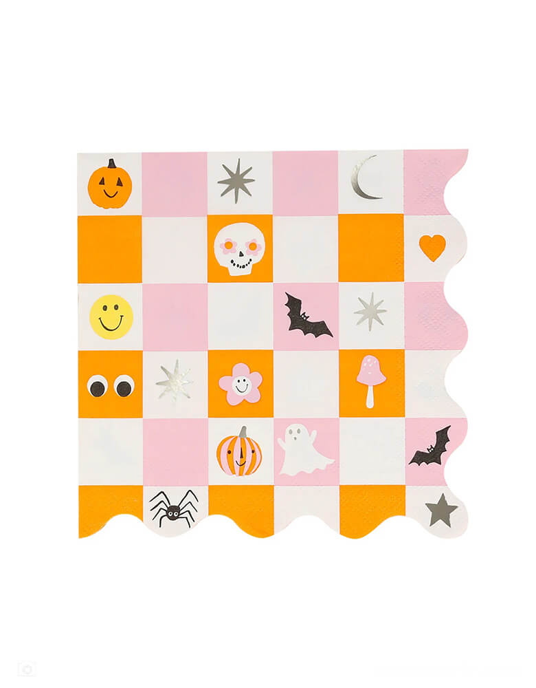 Momo Party's 6.5" Groovy Halloween Icons Large Napkins by Meri Meri. Featuring iconic Halloween characters including pumpkins, black cats, bats, ghosts, spiders and skeletons, these pink and orange checkered napkins also include love and peace sign, daisy flowers and mushrooms for a groovy vibe. The color combinations of pink, orange, black, silver and white, will make your Halloween party look groovy this year!