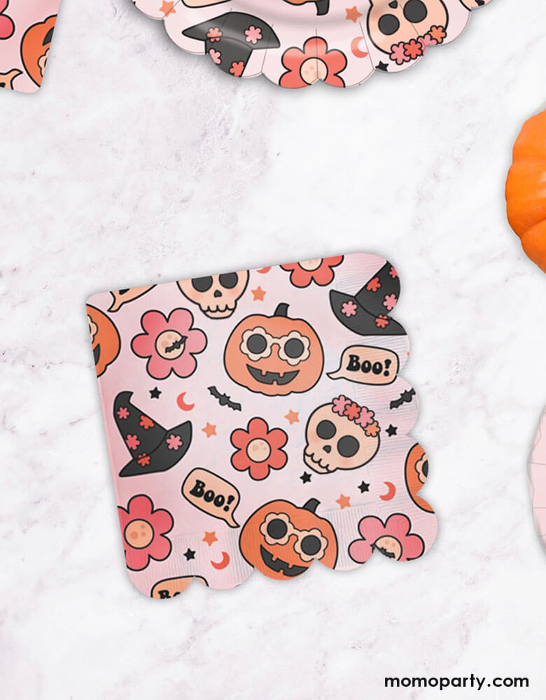 Momo Party's 6.5" Groovy Halloween Icon Napkins by Ellie's Party. Your guests will absolutely love these napkins. Pair these chic halloween napkins with the groovy tableware collections for a cute and stylish table setting. Featuring groovy skulls, pumpkins, flowers, and witch hats, these napkins are perfect snacks or desserts to use for your next halloween or fall birthday party!