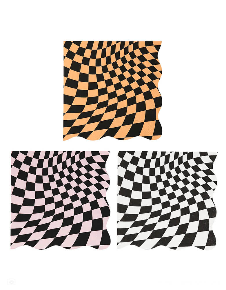 Momo Party's 6.5" x 6.5" Halloween Checker Napkins by Meri Meri. Comes in a set of 16 large napkins in three colors - the combination of orange, white and pink, with a swirling checkered pattern, gives a fabulous 60s psychedelic vibe. They're perfect for parties for all ages, and can be mixed and matched with your other Halloween tableware.