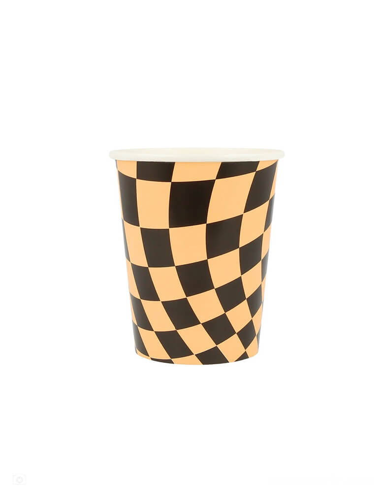 Momo Party's 9oz Halloween Checker Party Cups by Meri Meri. Comes in a set of 8 cups in three colors - the combination of orange, white and pink, with a swirling checkered pattern, gives a fabulous 60s psychedelic vibe. They're perfect for parties for all ages, and can be mixed and matched with your other Halloween tableware.