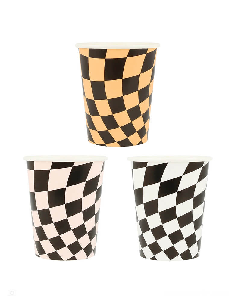 Momo Party's 9oz Halloween Checker Party Cups by Meri Meri. Comes in a set of 8 cups in three colors - the combination of orange, white and pink, with a swirling checkered pattern, gives a fabulous 60s psychedelic vibe. They're perfect for parties for all ages, and can be mixed and matched with your other Halloween tableware.