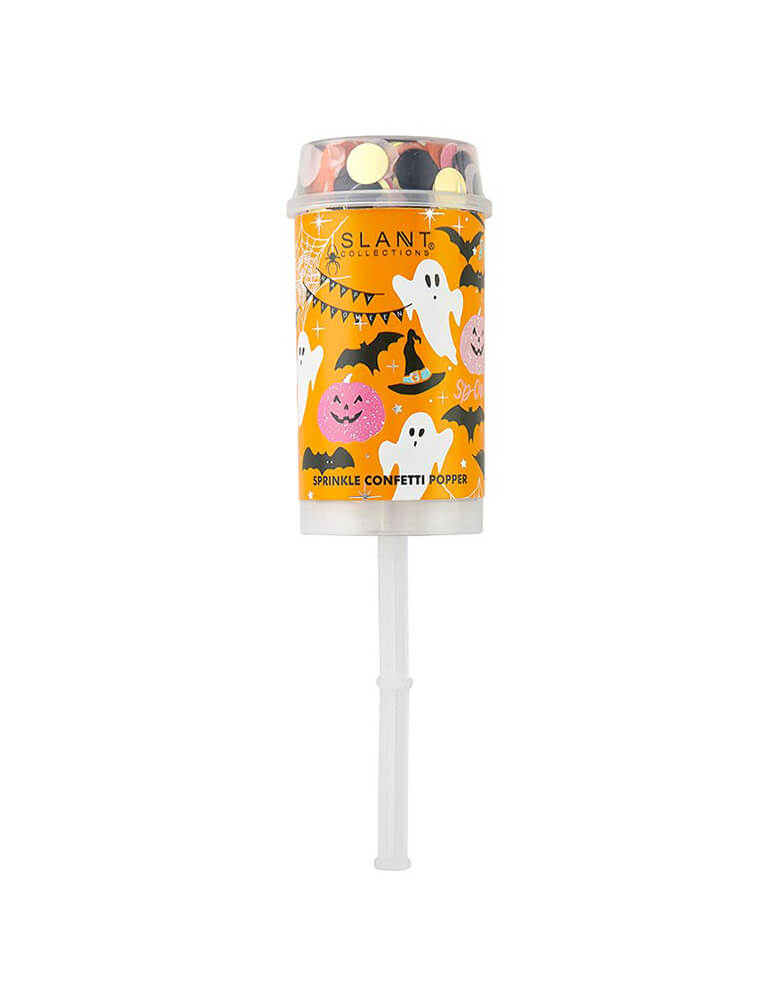 Momo Party's 7" Halloween confetti party popper by Slant Collection. With Halloween illustrations of ghosts, bats, witch hats, and pumpkins, this spooktacular popper is ready to spread the Halloween spirit with a burst of fun trick-or-treat confetti - it'll make your party really POP!