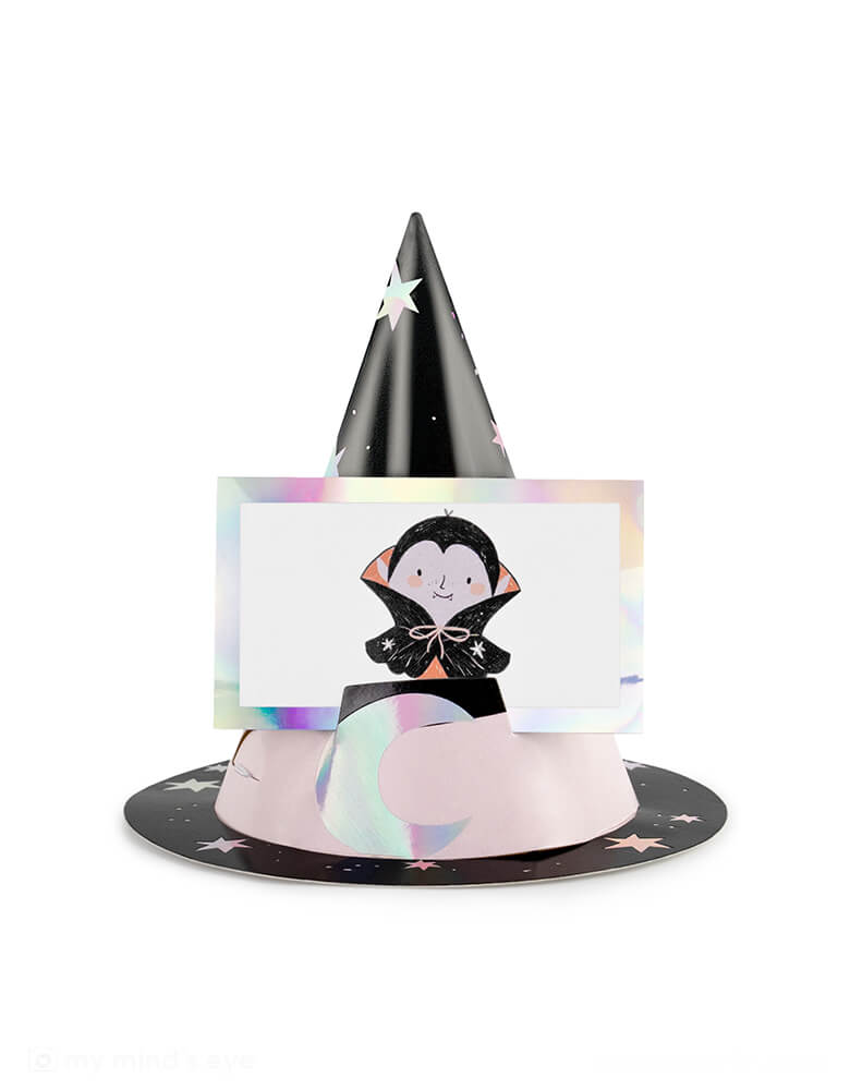 Momo Party's Halloween Guessing Game Set by Party Deco. This set includes 6 witch hats with elastic band and 40 cards with Halloween character illustrations including Halloween witches, Dracula, spiders, black cats and more. 