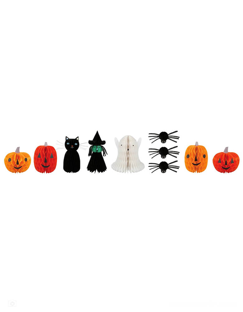 Momo Party's Halloween Character Honeycomb Decorations by Meri Meri. These large 3D honeycomb characters including a ghost, a witch, a black cat, three spiders and four pumpkins with faces, will add spectacular scary decorative fun to your Halloween party table, mantel or porch. They are crafted from tissue paper honeycomb, with silver paperclips included to hold the honeycomb open. Use them year after year to thrill and chill!
