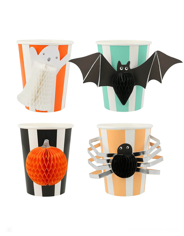 Momo Party's 9 oz Halloween Honeycomb Party Cups by Meri-Meri. These Halloween honeycomb cups come in as a set of 8 cups in 4 different designs and colors. Pack of 8 in 4 designs including ghost, spider, bat and pumpkin, all with honeycomb details. Some simple self-assembly is needed - the honeycomb details feature double sided tape for you to easily stick it open with. These adorable honeycomb cups will be a hit at your kid's Halloween bash this season!