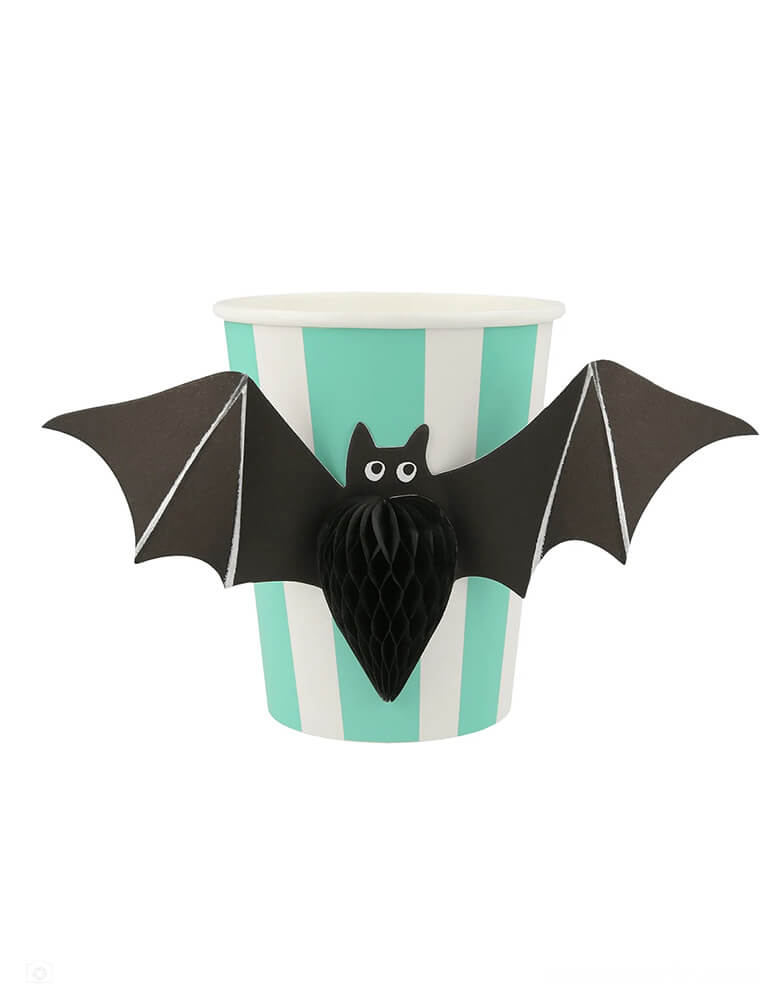 Momo Party's 9 oz Halloween Honeycomb Party Cups by Meri-Meri. These Halloween honeycomb cups come in as a set of 8 cups in 4 different designs and colors. Pack of 8 in 4 designs including ghost, spider, bat and pumpkin, all with honeycomb details. Some simple self-assembly is needed - the honeycomb details feature double sided tape for you to easily stick it open with. These adorable honeycomb cups will be a hit at your kid's Halloween bash this season!