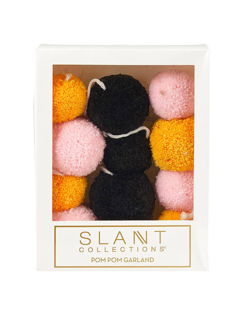 Momo Party's 6' Halloween Pom Pom garland in the colors of pink, orange and pink by Slant Collection. Hang on a wall, in front of a table, or on a bar cart - these pom pom garlands are reusable and versatile for any celebration! It can be used year after year!