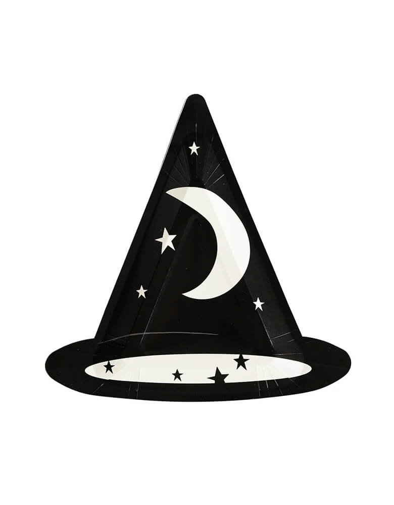 Momo Party's 9" Witching Hour Witches Hat Shaped Plates by My Mind's Eye. Die cut in the shape of a whimsical witches hat, these party plates add a perfect magical touch to the table at your Halloween parties this fall.