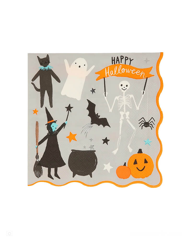 Momo Party's 6.5" Happy Halloween Large Napkins by Meri Meri. These napkins, featuring friendly characters including a witch, ghost, black cat, skeleton, spiders and pumpkins, are perfect for all ages.