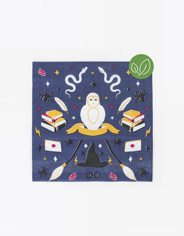 Momo Party 6.5" Harry Potter Themed Wizard Large Party Napkins. Comes in a set of 20, these napkins feature Harry Potter themed illustrations like snakes, owls, spellbooks, brooms, wizard hats & glasses, they're perfect for your kid's Harry Potter themed birthday party or Halloween bash!