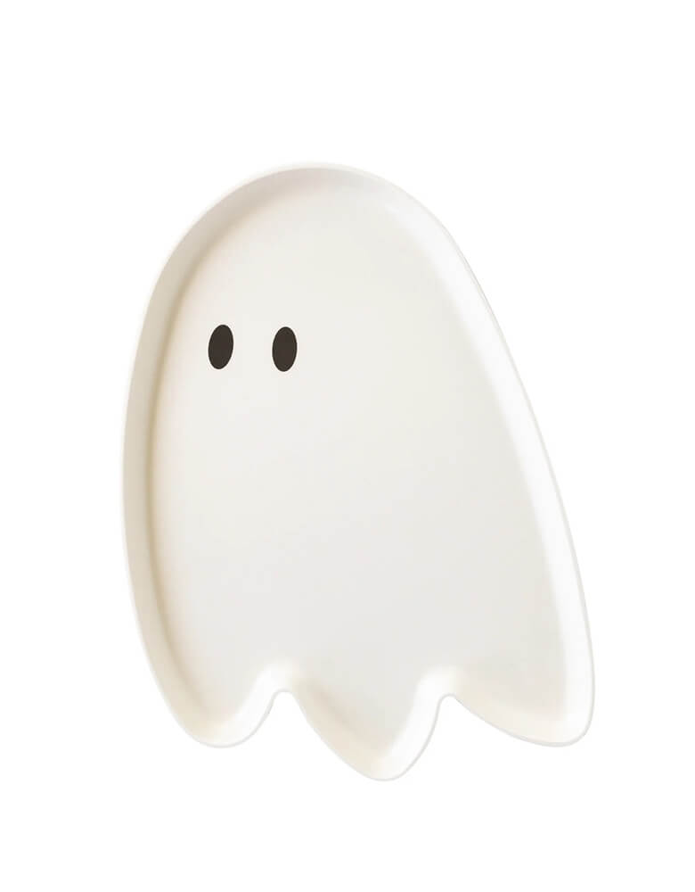 Momo Party's 12" x 16" hey pumpkin ghost shaped reusable bamboo tray by My Mind's Eye. This white ghost shaped plate is the perfect serving plate for all your favorite Halloween goodies, candies and treats. Perfect for a kid's Halloween sweet board. This bamboo ghost plate is reusable, meaning that you can use it all October long to share treats with your favorite ghouls and goblins. And it is dishwasher safe, making clean up a snap!