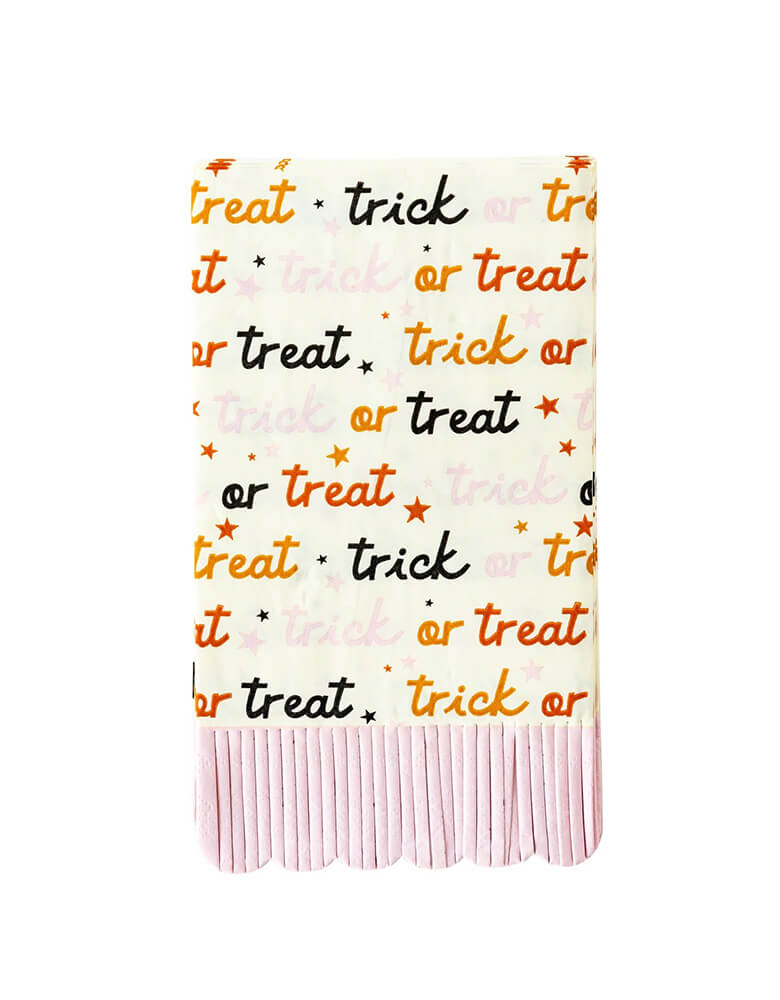 Momo Party's 4.25" x 7.75" trick or treat dinner napkins guest towels by My Mind's Eye. Featuring a fringed scalloped edge in beautiful pastel pink and a trick or treat pattern in the colors of pink, orange and black, these party napkins are the spooky addition to the table that your Halloween gatherings need.