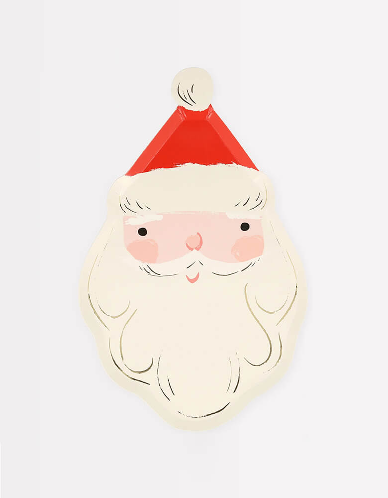 Momo Party's 7.25 x 11.5 inches Jolly Santa shaped plates by Meri Meri. For a festive party table guaranteed to delight your guests smile, look no further than these Santa plates. It doesn't get more traditional than this jolly fellow, and the red and gold colors will team beautifully with all your Christmas tableware.