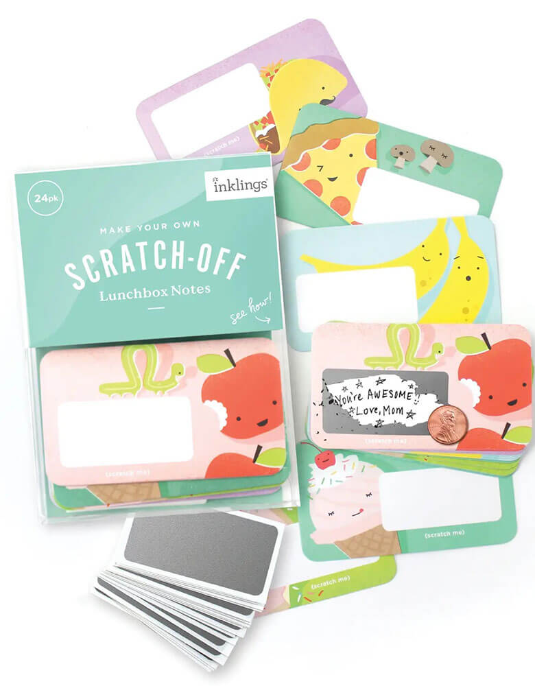 inklings Paperie - Scratch-off Lunchbox Notes. Kit included 24 scratch off cards with cute fruit, pizza, donut, taco and sweets design, 24 stickers, in a hand-stamped drawstring bag. Simply write your own special handwritten message in the designated area, cover it with the scratch-off sticker provided, and scratch to reveal your hidden message! These tiny notes are the perfect size to slip into a lunch bag or coat pocket of someone special.