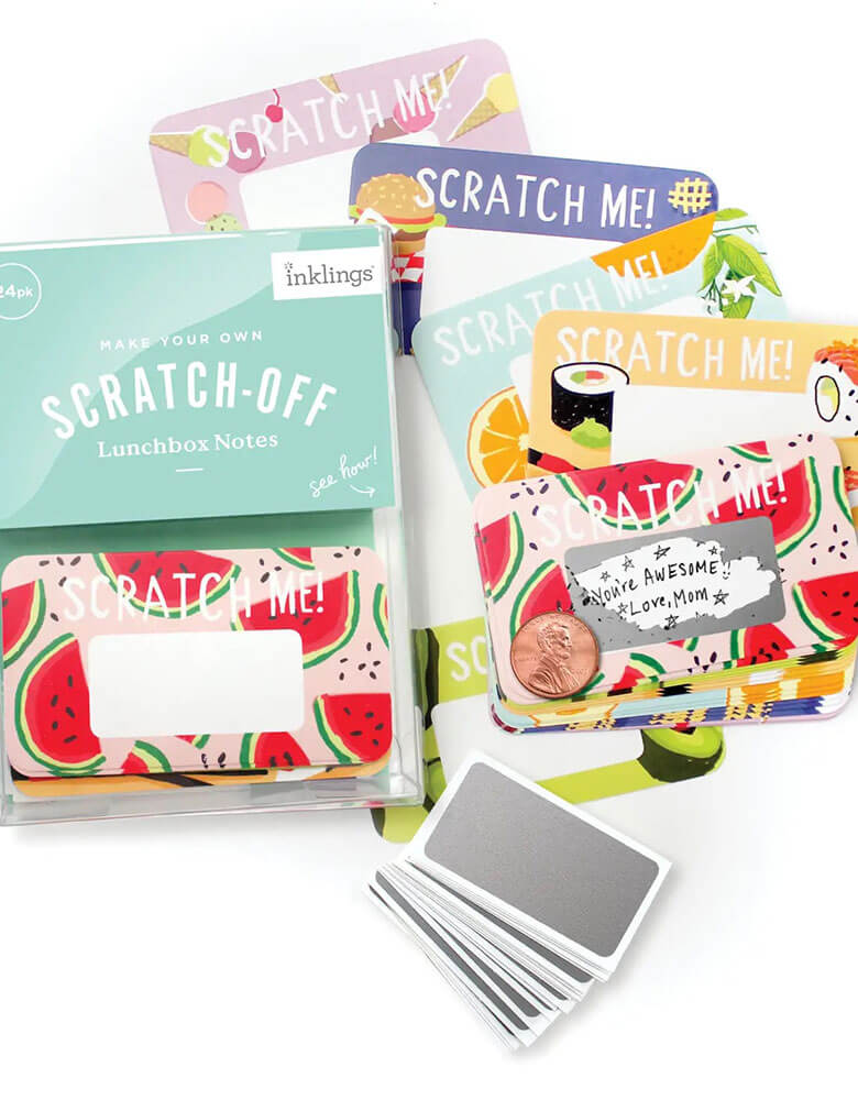 Momo Party's Scratch-off Lunchbox Notes by inklings Paperie. Kit included 24 scratch off cards with food illustrations including watermelon, burgers, sushi, fruits, avocado. Each set includes 24 stickers, in a clear plastic box. Simply write your own special handwritten message in the designated area, cover it with the scratch-off sticker provided, and scratch to reveal your hidden message! These tiny notes are the perfect size to slip into a lunch bag or coat pocket of someone special.