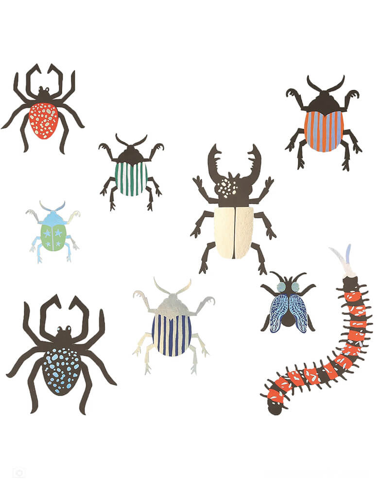 Momo Party's making magic bug shaped paper confetti by Meri Meri. Comes in a set of 45 pieces in 9 designs including beetles, roaches, flies and centipedes. This eerie set of confetti is perfect for a spooky wizard witch themed Halloween party or a kid's insect bug themed birthday party.