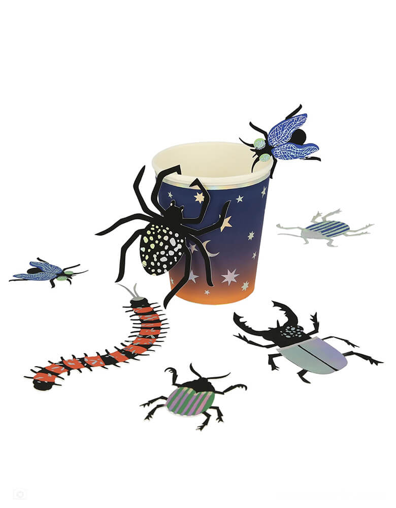 Momo Party's making magic bug shaped paper confetti by Meri Meri. Comes in a set of 45 pieces in 9 designs including beetles, roaches, flies and centipedes. This eerie set of confetti is perfect for a spooky wizard witch themed Halloween party or a kid's insect bug themed birthday party.