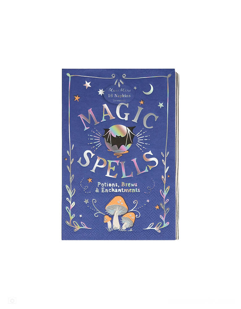 Momo Party's Making Magic book shaped napkins by Meri Meri. Comes in a set of 16 napkins, they are cleverly crafted to look just like a spell book – with iridescent accent, napkins have never been this enchanting before. Perfect for wizard and witch parties, Halloween parties, or whenever you want to add an extraordinary effect to any celebration.