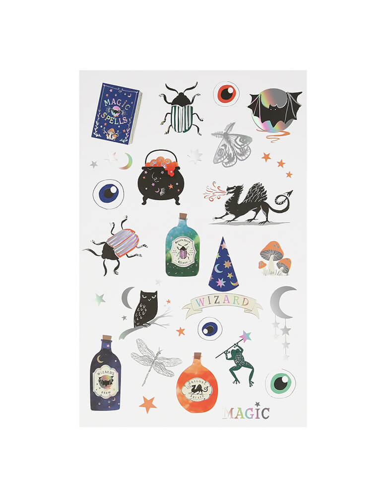 Momo Party Making Magic Temporary Tattoos Sheets by Meri Meri. Featuring bugs, witch's brew, potion bottles, crystal balls, book of spell, these temporary tattoos are ideal for a Halloween activity or magic party, to pop into party bags, or for rainy day or sleep-over fun.