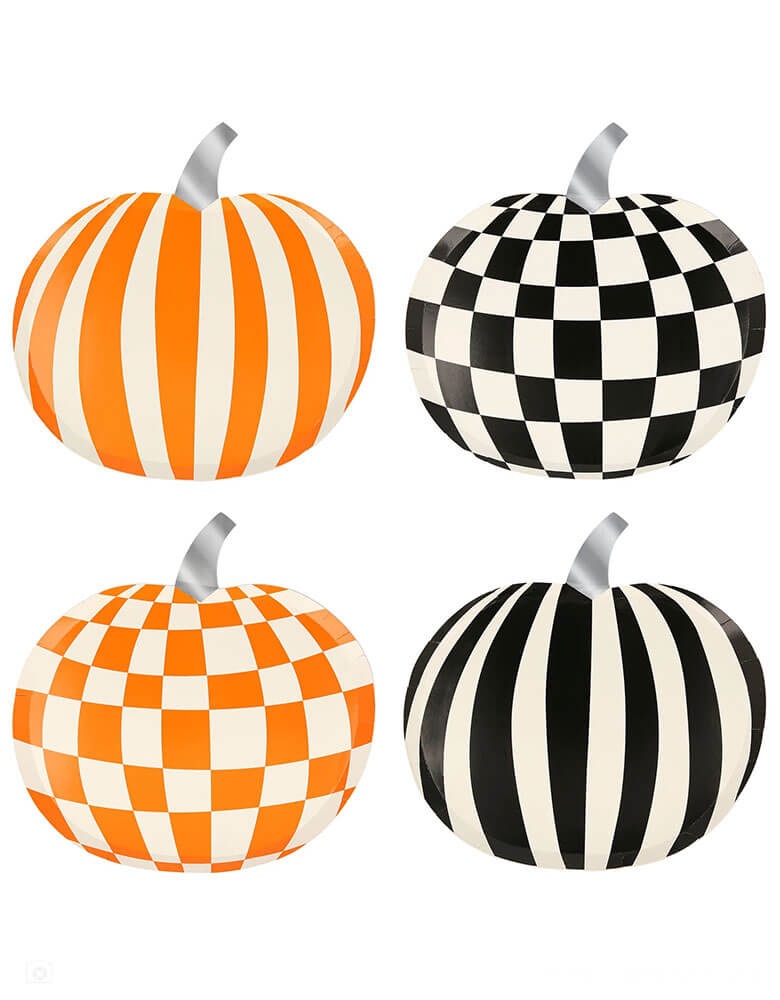 Momo Party 8.5" x 8.75" Mod Pattern Pumpkin Shaped Plates by Meri-Meri. Comes in a set of 8 plates in 4 different patterns and Halloween colors of orange, black and white with striking retro designs for a statement look. These pumpkin plates in checkers and stripes patterns are guaranteed to make your party table look totally groovy!