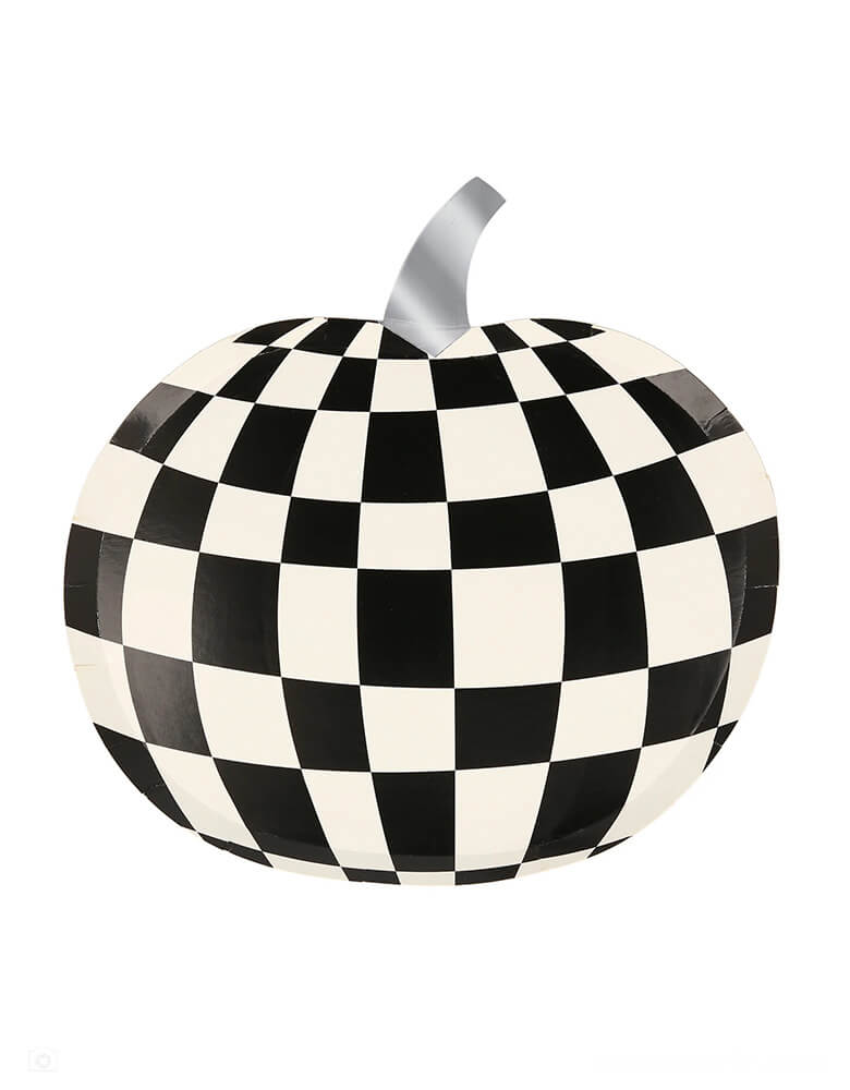 Momo Party 8.5" x 8.75" Mod Pattern Pumpkin Shaped Plates by Meri-Meri. Comes in a set of 8 plates in 4 different patterns and Halloween colors of orange, black and white with striking retro designs for a statement look. These pumpkin plates in checkers and stripes patterns are guaranteed to make your party table look totally groovy!