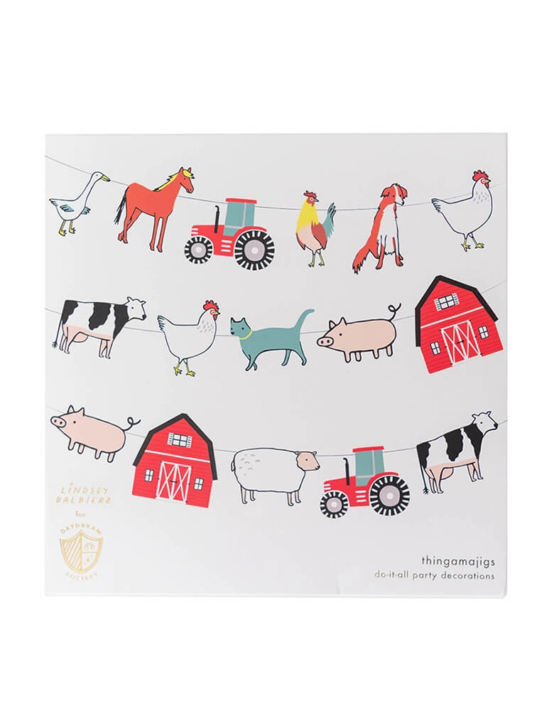 Momo Party's 7.5' on the farm garland set by Daydream Society. Featuring farm animals including duck, roosters, horses, pigs, cows and goose with tractor and barn house pennants with silver and gold foil elements, this set of farm themed garland make us want to party until the cows come home!