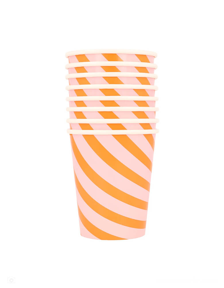 Momo Party's 9oz capacity orange and pink striped party cups by Meri Meri. Comes in a set of 8 cups, with a mix of orange and pink, an on-trend color combination for Halloween. Your party guests will love drinks served in these cheerful striped cups. They're perfect for a girly pink Halloween party!