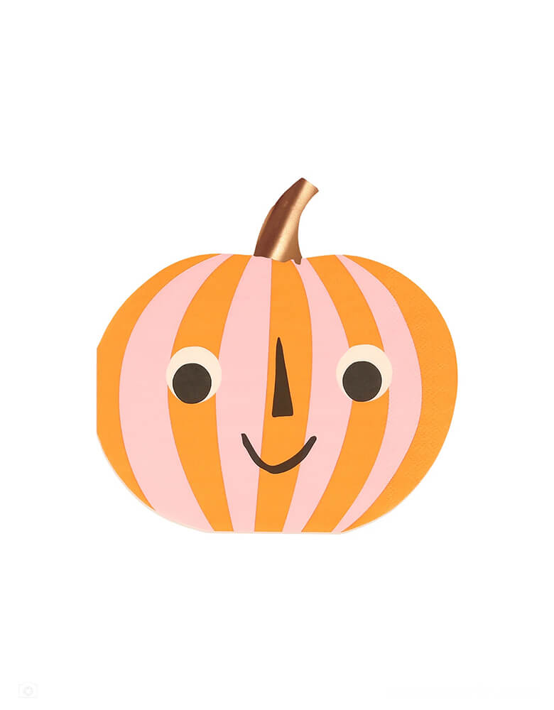 Momo Party's 6.375" x 6.5" orange and pink stripe pumpkin napkins by Meri Meri. Comes in a set of 16 napkins, these pumpkin shaped napkins feature a happy smiley face, makes it a great addition to a kid's friendly not-so-spooky pink halloween party.