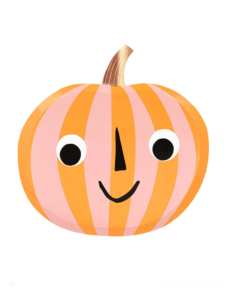 Momo Party's 8.5" x 8.75" orange and pink stripe pumpkin plates by Meri Meri. Comes in a set of 8 paper plates, these pumpkin shaped plates feature a happy smiley face, makes it a great addition to a kid's friendly not-so-spooky pink halloween party.
