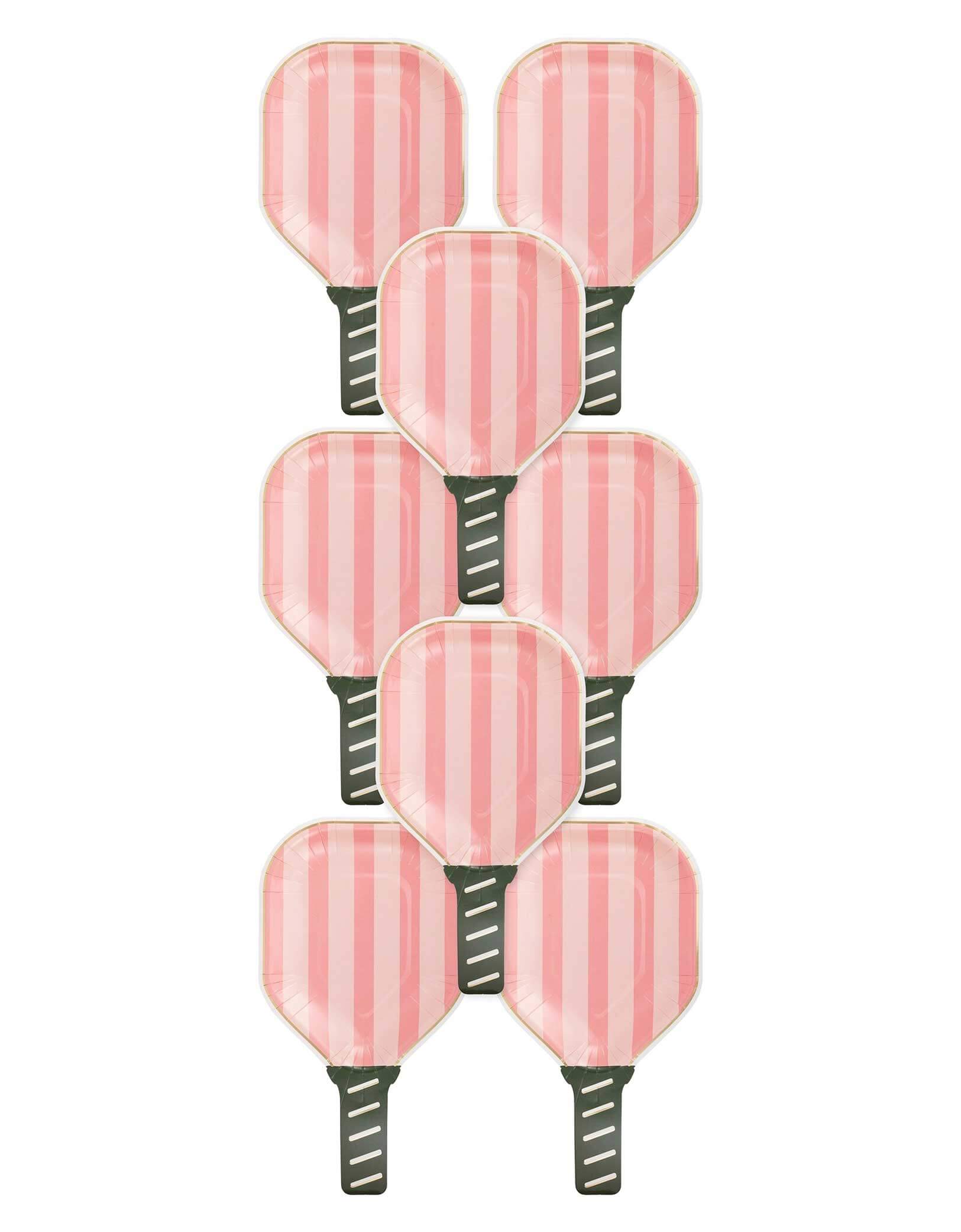 A set of 8 Momo Party's 6" x 10" pink striped pickleball paddle with a green handle shaped plates by My Mind's Eye on a white background.