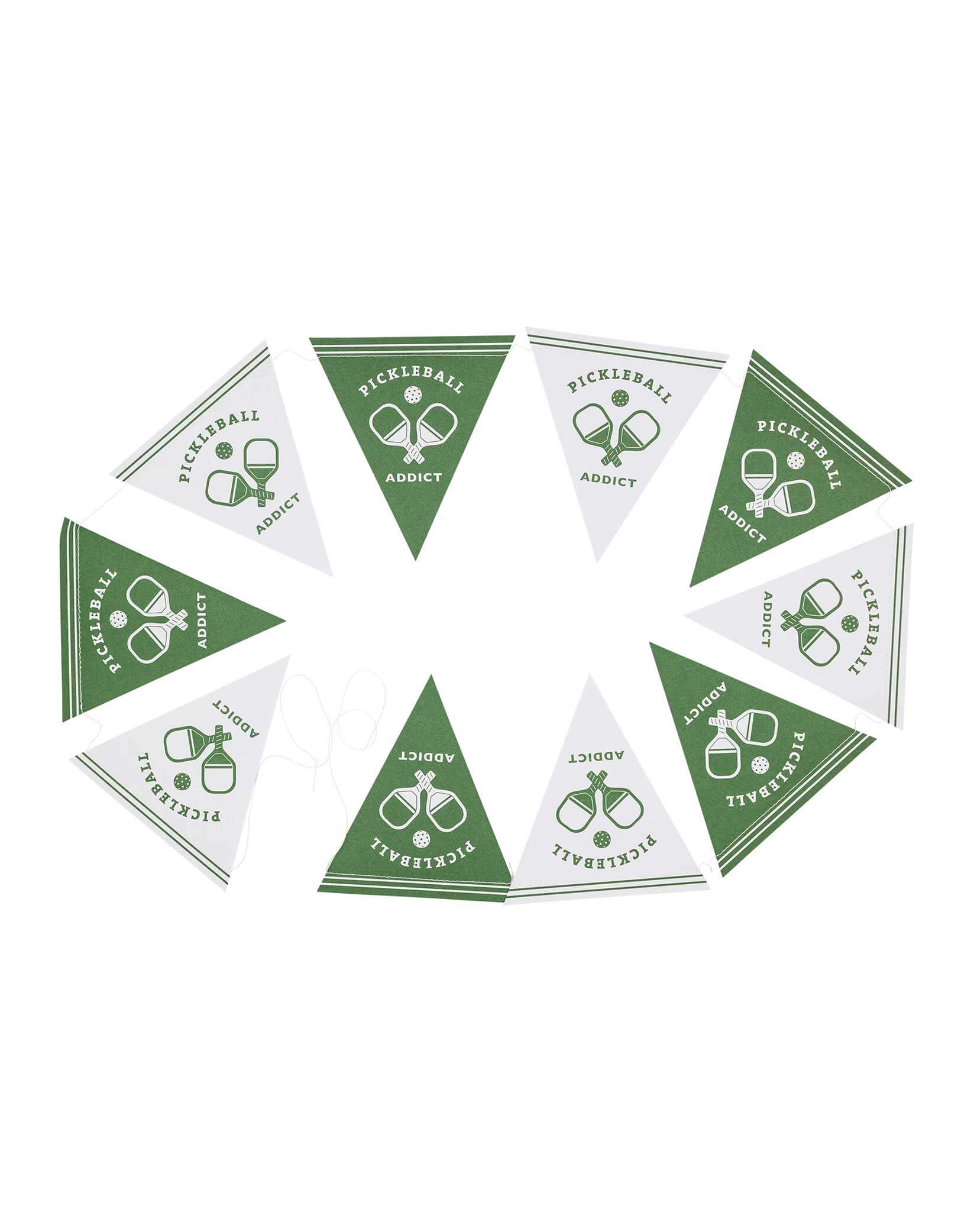 Momo Party's pickleball party banner featuring paper green and white flag  shaped pennants with paddle illustrations by My Mind's Eye on a white background.