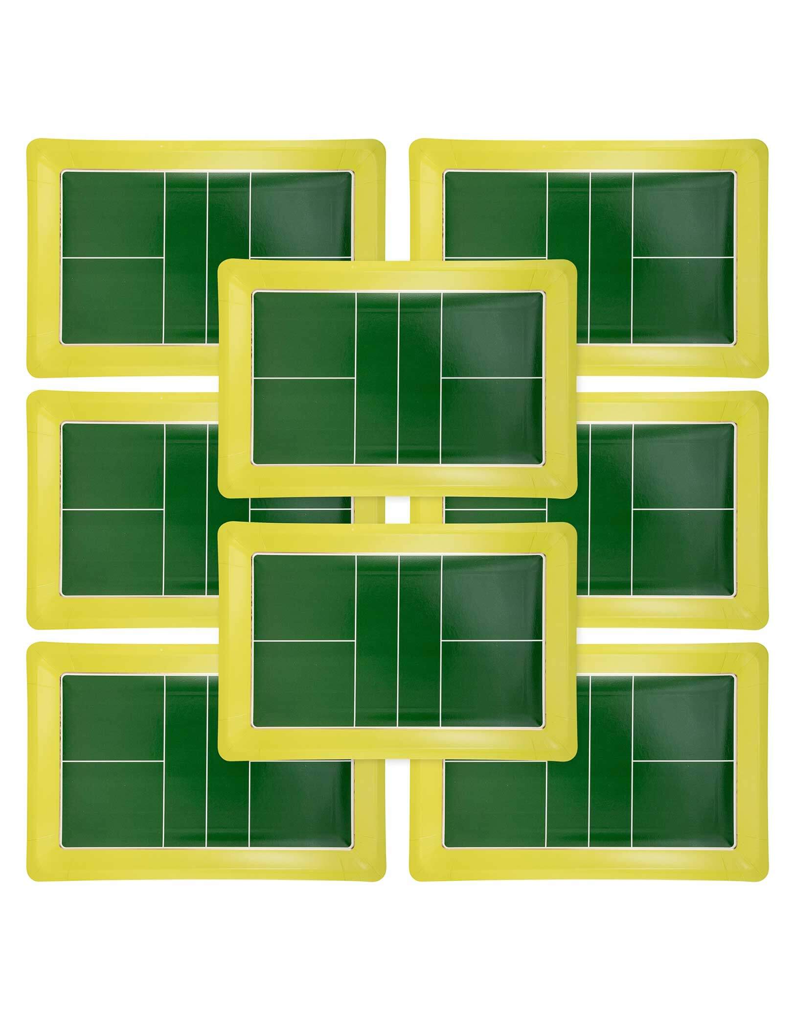A set of 8 Momo Party's 11" x 7.25" yellow border with green center Pickleball Court Shaped Paper Plates by My Mind's Eye on a white background.