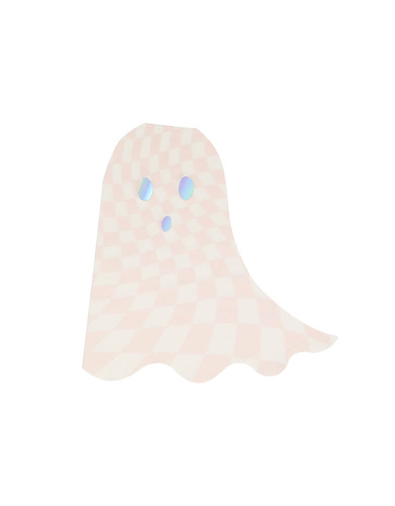 Meri Meri  pink checkered ghost shaped Napkins, sold by Momo Party. Comes in a set of 16, these pink ghost shaped Napkins with checkered pattern are chic and stylish, Shiny silver holographic foil details. perfect for a pink Halloween themed party, Groovy Halloween Party