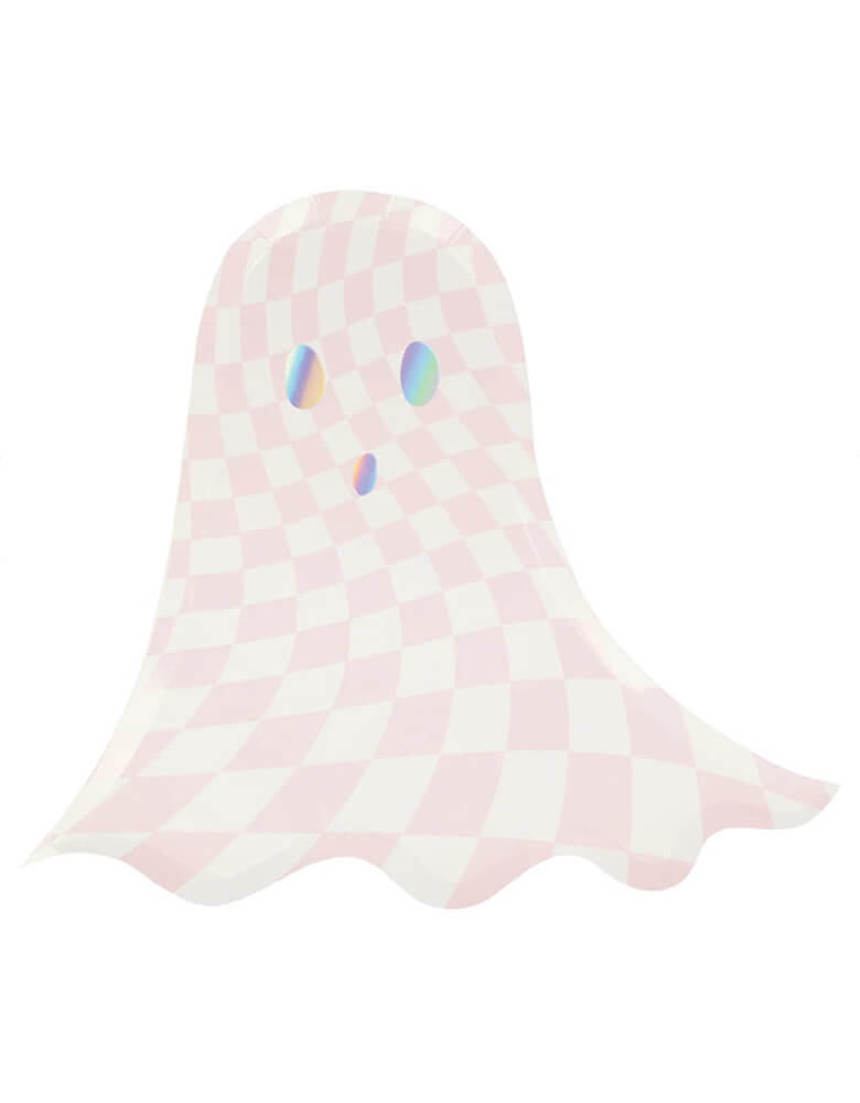 Meri Meri 10.125 x 9.25 inches pink checkered ghost shaped plates, sold by Momo Party. Comes in a set of 8 plates, these pink ghost shaped plates with checkered pattern are chic and stylish, perfect for a pink Halloween themed party.