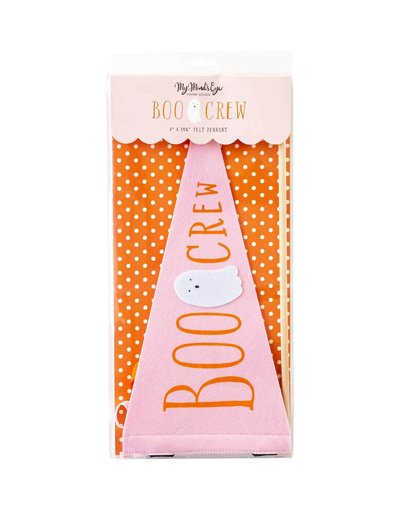 Momo Party's 14" x 15" pink Boo Crew felt party pennant by My Mind's Eye. In a pink Halloween hue, this felt party pennant with an adorable ghost illustration on it and orange and black ribbons, it will make sure your ghouls get the recognition they deserve.