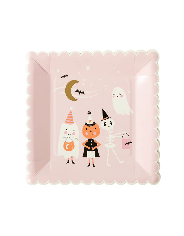 Momo Party's 8" x 8" ghoul gang scene paper plates by My Mind's Eye. These scalloped edged paper plates feature friendly fiends including two adorable ghosts with party hats, a pumpkin and skeleton that are sure to send a shiver down party goers spines at your Halloween gatherings!