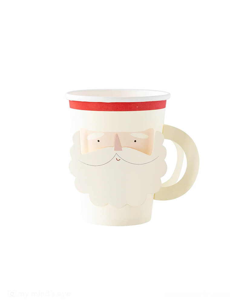 Momo Party's 12 oz Believe Santa Face With Handle Paper Party Cups by My Mind'e Eye. Comes in a set of 8 cups, designed to look like everyone's favorite Christmas guest, these party cups have a handle, making it easy for party goers to keep their cups of cheer close at hand at your holiday gatherings this Christmas!