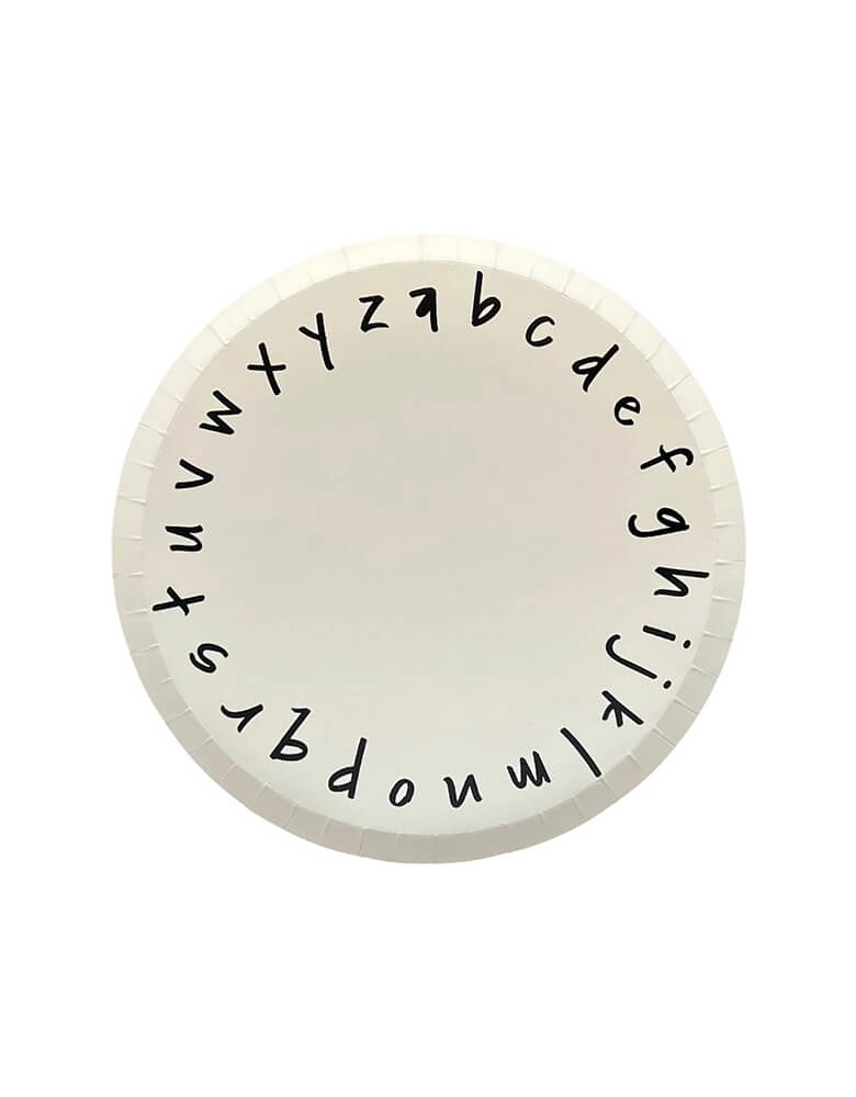 Momo Party's 7.5 round school days ABC small plates by Daydream Society. These "school days" plates are perfect for the first day of school, last day of school, and every milestone day in between. This round plate features the lowercase alphabet printed in black.