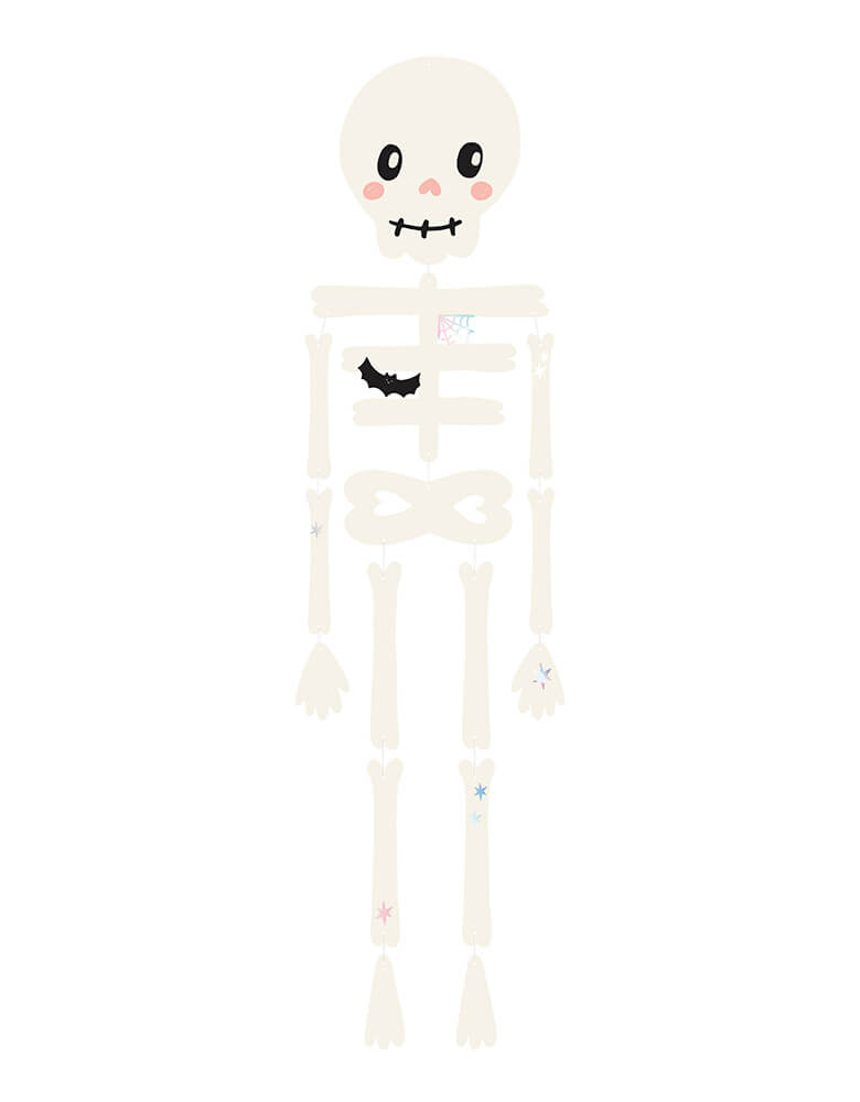 Momo Party's 43" skeleton hanging paper decoration by Party Deco.  A perfect head-turner for any room, this cute little skeleton is decked out and ready to hang with its festive décor. Get ready for some spine-chilling good times!