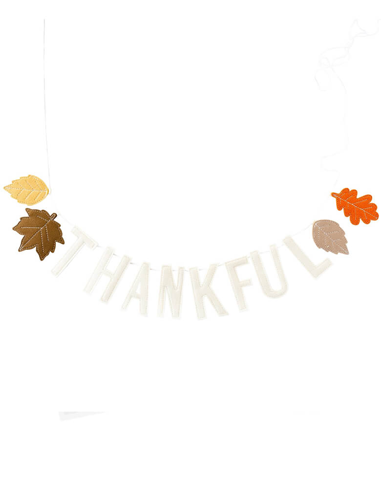 Momo Party "Thankful" felt puffy banner with leaves by My Mind's Eye. Celebrate your gratitude this Thanksgiving with this thankful felt banner. Featuring colorful fall leaves and felt letters that spell the sentiment "thankful," this banner is the perfect addition to your decor this November!