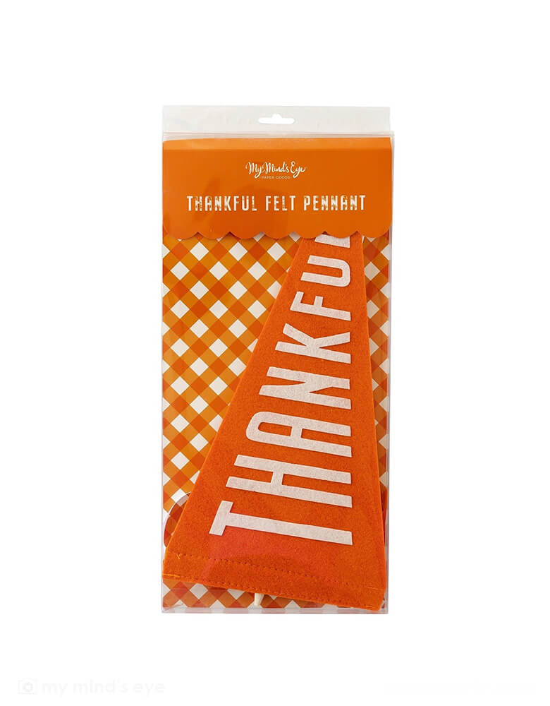 Momo Party's 14" Orange Thankful Felt Party Pennant by My Mind's Eye in an orange gingham packaging box which gives all the fall/autumn vibe to your thanksgiving gathering or friendsgiving feast. 