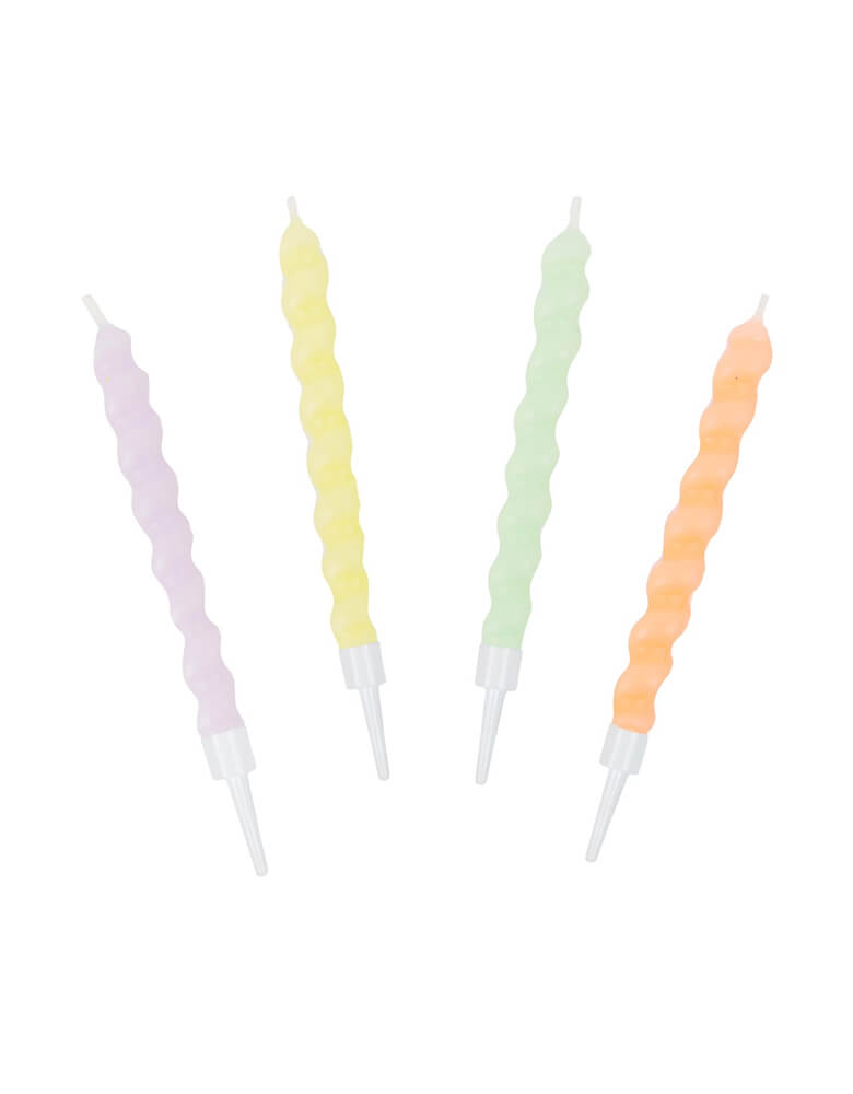 Momo Party's 3" Twisted Pastel Birthday Candles by Talking Tables. Comes in a set of 8, In 4 pastel colors with a fun twisted candle design, use on their own or pair with a cake topper for a special celebration. Perfect for a birthday cake, kids party, baby shower or an easter cake.